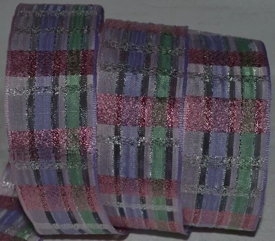 Cinta con cable ~ Tela escocesa pastel metálica semi transparente ~ Rosa ~ Púrpura ~ Verde menta ~ 1,5" ~ Arco Foto 1 de 2