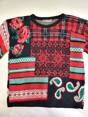 Suéter Gitano vintage años 80-90 para mujer rojo rosa cachemira patrones a cuadros Foto 1 de 4