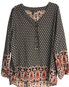Time To Bloom 2X Tunic Lace Up Paisley Long Sleeves Lightweight Black Orange - Picture 1 of 10