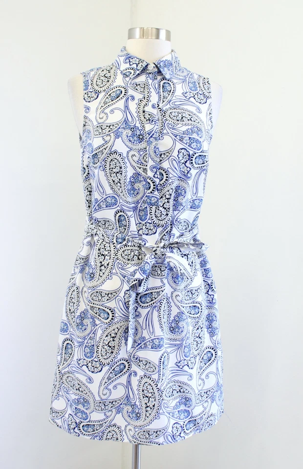 Vestido Camisa Banana Republic Azul Blanco Cachemira Estampado Floral Corbata Cintura Cambio Talla 2 Foto 1 de 4