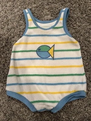 Vintage 1980s HEALTHTEX Baby Terrycloth Romper sz 6 MOS  Fish Stripes - Image 1 of 4