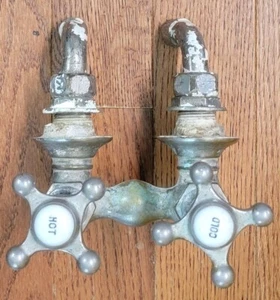 Antique STERLING Tub Faucet w/ Porcelain Button Hot & Cold Handle - Picture 1 of 17