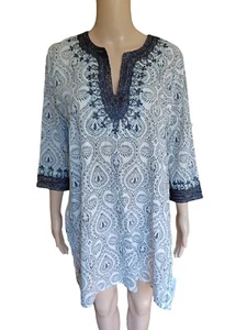 Roberta Roller Rabbit Womens Navy Cream Boho Tunic Top Embroidered SSmall  - Picture 1 of 12