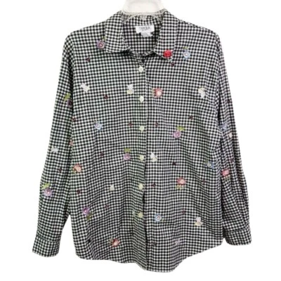 Vintage Black White Gingham Floral Embroidered Long Sleeve Button Up Top Medium - Image 1 of 4