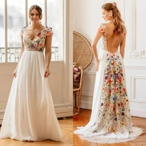 Boho Colorful 3D Floral Wedding Dress V-Neck Backless Lace Applique Bridal Gowns - Picture 1 of 9