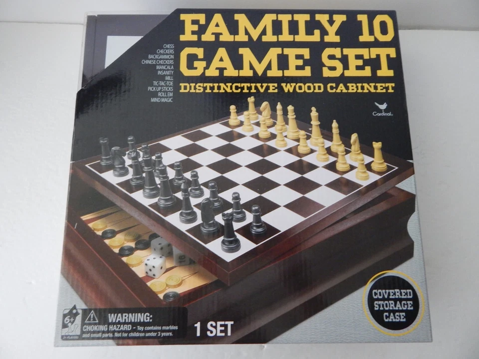 Cardinal Family 10 Game Set Distinctive Wood Cabinet Covered Storage Case
