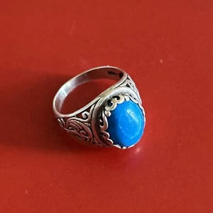 925 Sterling Silber Ring blauer Türkis Stein Größe 7 filigranes Inlay - Bild 1 von 4