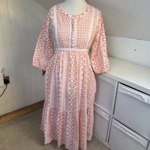 Pink City Prints Dress Size M/L Peach & White Print Cotton Midi Pockets - Picture 1 of 11