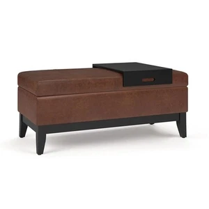 Oregon 42" W Storage Ottoman Bench in Distressed Saddle Brown Faux Leather - Picture 1 of 7