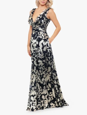 Betsy & Adam Maria" Long Foil V-Neck Floor Length Dress Gown Size 4 Black  /Gold - Image 1 of 4