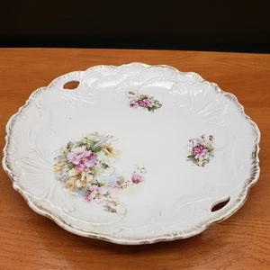 Antique German Porcelain Plate 10.5" White Floral Embossed Rim Handled Tray - Picture 1 of 7