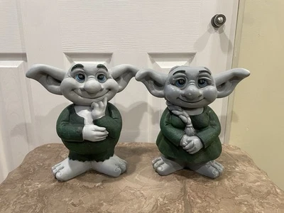 "Par de figuras de resina de gnomos troll de jardín Exhart de colección raras de 10"" de alto verde azul" Foto 1 de 4
