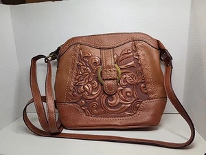 b.ø.c Embossed Tooled Brown Vegan Leather Crossbody Purse Bag - Picture 1 of 6