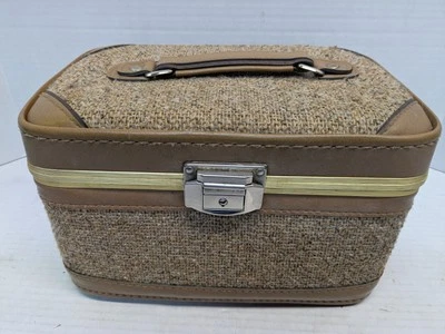 VTG Tweed & Vinyl Train Case Brown Travel Vanity Luggage Retro MCM" 1950s - Image 1 of 4