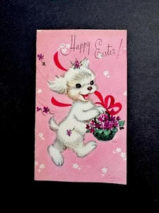 1 Tarjeta de Felicitación de Pascua Marjorie Cooper de Colección Lindo Perro Cachorro con Flor Púrpura 🧺 - Imagen 1 de 3