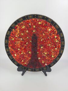 Vtg Lg Mosaic Glass Tray Decorative Bowl Candy Dish 15"D Red Orange Yellow *READ