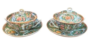 Chinesisches Geschirr Suppenschüssel/Teller/Deckel Famille Rose 2 Sets 1930’s Vintage - Bild 1 von 8