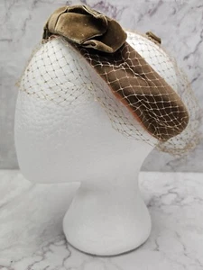 Vintage Ladies Hat 1940s 50s Brown Velvet Netting Bows Rhinestones - Picture 1 of 7