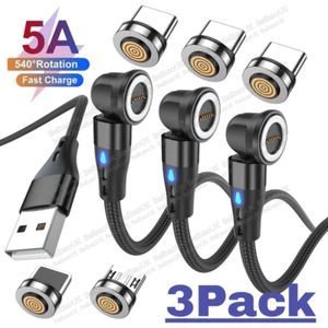 3 Pack Magnetic Phone Charger Cable 540°Rotate Cord For Micro USB/Type C/iPhone - Picture 1 of 17