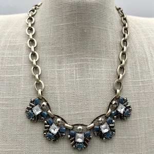 LOFT Necklace Statement Blue Bead Crystal Bib Antiqued Gold Tone Chain 20 Inch - Picture 1 of 9