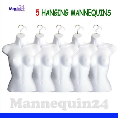 DISPLAYTOWN 5 Pack Female Mannequin Torso body Dress Forms White with Hangers
