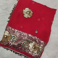 Classic Indian Dupatta Long Scarf Sequins Beaded Embroidery Georgette Veil Stole