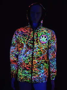 Schwarzlicht Hoodie Neon "Weed Lover" Blacklight Party Festival Cannabis Bunt - Bild 1 von 5