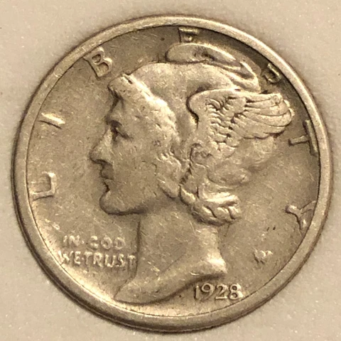 1928-S  Silver  Mercury Head Dime   Extra Fine Cover