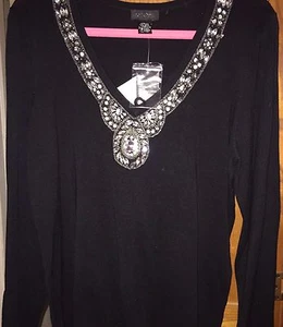 NWT Chit Chat Womens Sweater V-neck Dressy Rhinestone Trim Long Sleeve Sz Med - Picture 1 of 6