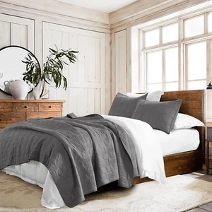 100% Cotton Quilt Set Twin Size, Dark Grey Pre-Washed 2-Piece Bedspread Coverlet - Picture 1 of 7