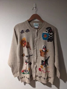 Vintage 90s The Quacker Factory Cat Beige Medium Cardigan Sweater - Picture 1 of 12