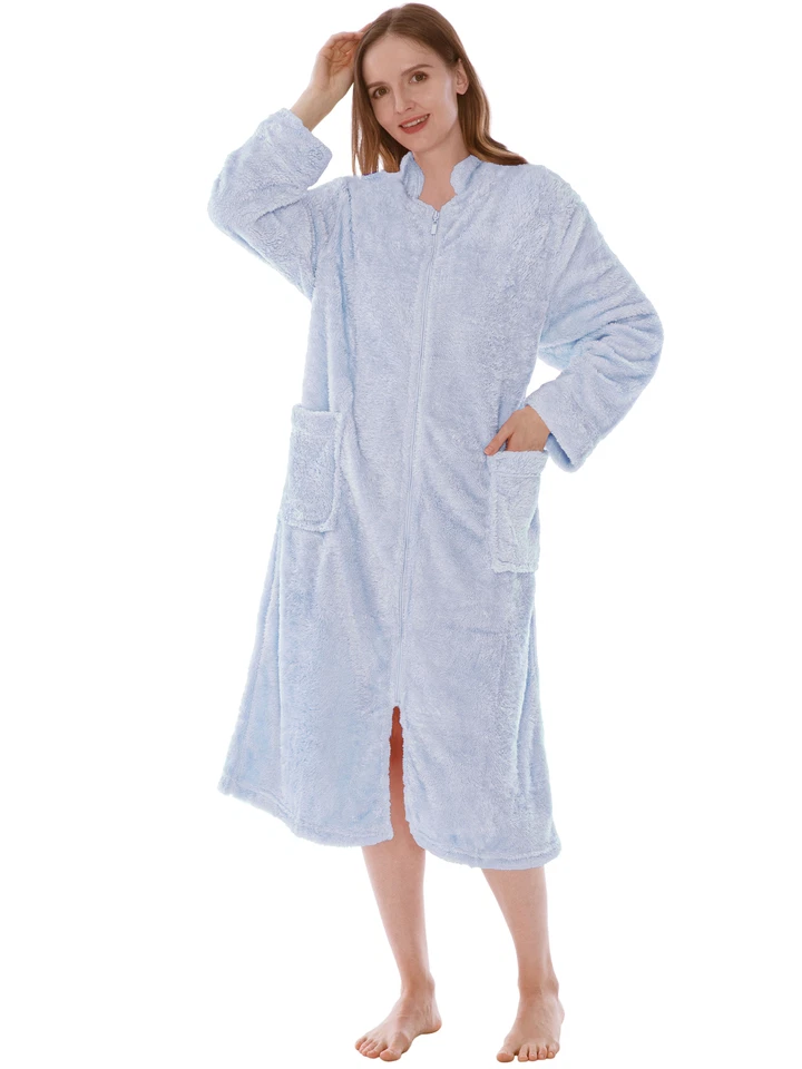Women Zipper Robe Housecoat Lounger Zip Up Robe Coat Full Length Warm Bathrobe - Image 1 of 1