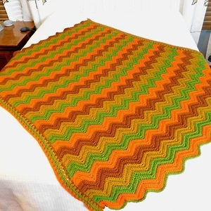 Vintage Autumnal Multicolor Chevron Afghan Throw Zig Zag 56'x 45" - Picture 1 of 4