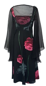 Vintage Floral Whimsygoth Midi Dress Size S Sheer Angel Sleeves Fairy Glam Goth - Picture 1 of 13