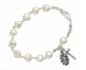 heart shaped pearl beads bracelet with crucifix and miraculous charm - Picture 1 of 1