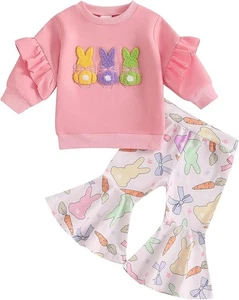 Completo pasquale bambina bimba coniglietto ricamo manica lunga felpa + fiocco - Foto 1 di 7