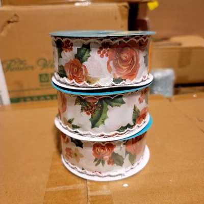 3 Brand New Pioneer Woman Holly Rose 1.5 Inch Decorative Ribbon Rolls!!! - Image 1 of 4