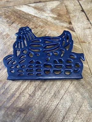 Vintage Cast Iron Trivet Blue Enamel Chicken Rubber Footed - Image 1 of 4