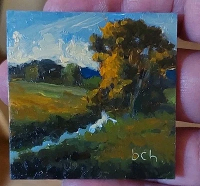 Пейзаж картина маслом. Мини-картина 2x2 дюйма. Крошечная картина. - Изображение 1 из 2