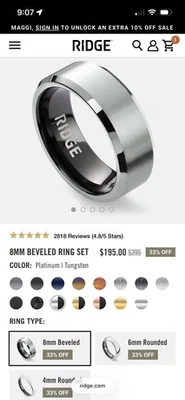 ANILLO BISELADO THE RIDGE 8 MM Alianza de Boda para Hombre Talla 10 COLOR: Platino | Tungsteno Foto 1 de 4