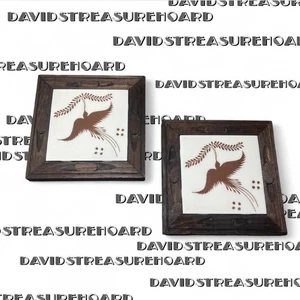 Vintage Mexican Wood and Ceramic Piece Set of 2 Coaster Bird Cultural Art - Picture 1 of 6