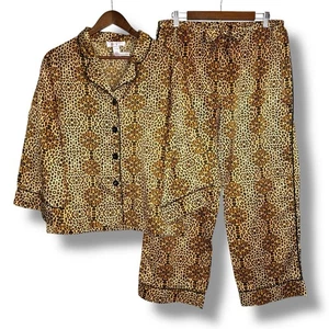 Oscar De La Renta Pink Label Pajama Set Large Gold Brown Satin Animal Print - Picture 1 of 7