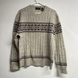Vintage Finalist Men's XL Shetland Wool Tan Cable Knit Sweater Snowflake FLAWS - Picture 1 of 7