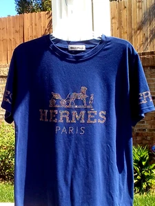 Hermes Embellished Unisex T Shirt Navy Blue Size Large - Bild 1 von 7