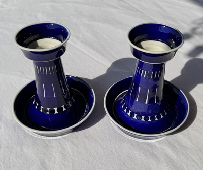 Par de Candelabros Vintage Arabia de Finlandia Azul Cobalto Cerámica Escandinava Foto 1 de 4