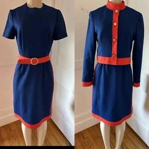 Vtg 60 Dress & Jacket blue Red Trim Fred Rothschild California MCM SUIT DRESS S - Picture 1 of 13