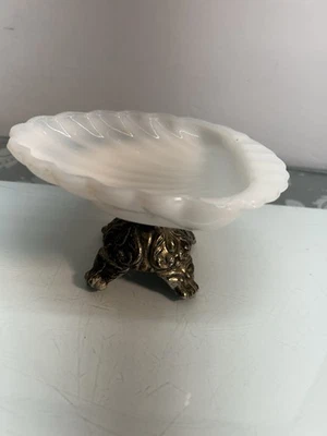 Vintage White Milkglass Shell Shaped Soap Or Trinket Dish With Metal Stand - Image 1 of 4