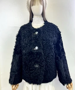 New Women's Real Sheepskin Shearling Black Fur Jacket One Size fits XS-M - Picture 1 of 11