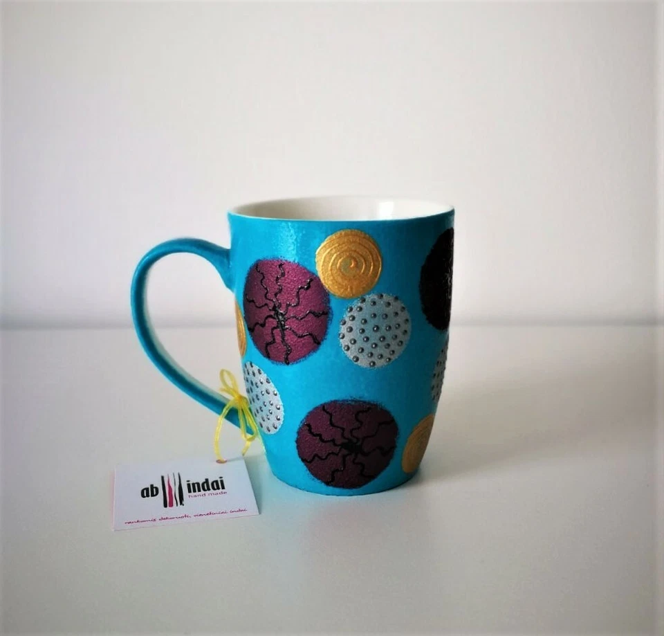 Taza de té o café porcelana color turquesa pintada a mano "Burbujas" Foto 1 de 4