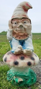 Vintage Antique Cement Concrete Gnome Mushroom Garden Statue elf cast stone - Picture 1 of 9